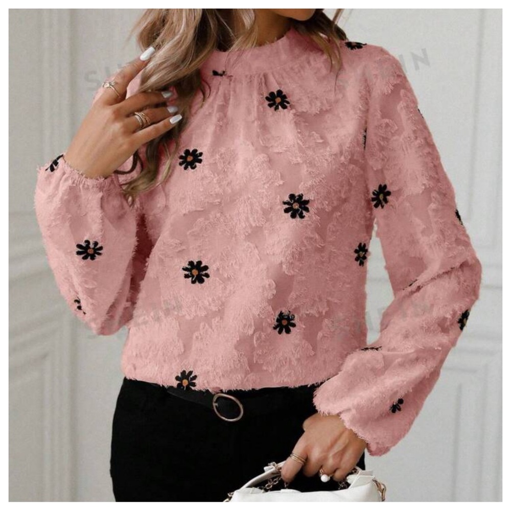 Pink Mandarin Collar Floral Embroidery Bishop Long Sleeve Shirt Sz M